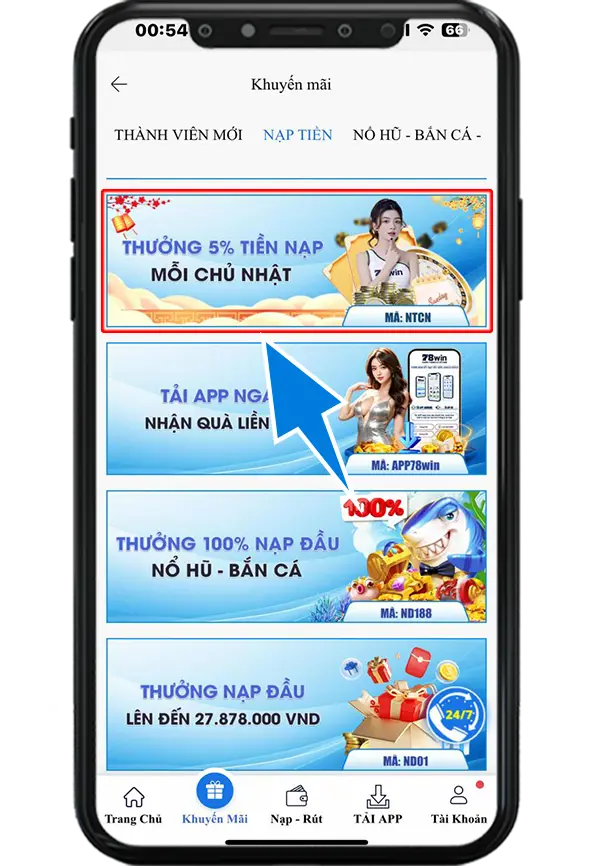 Bước 2 : Chọn khuyến mãi Thưởng 5% Tiền Nạp Mỗi Chủ Nhật - NTCN